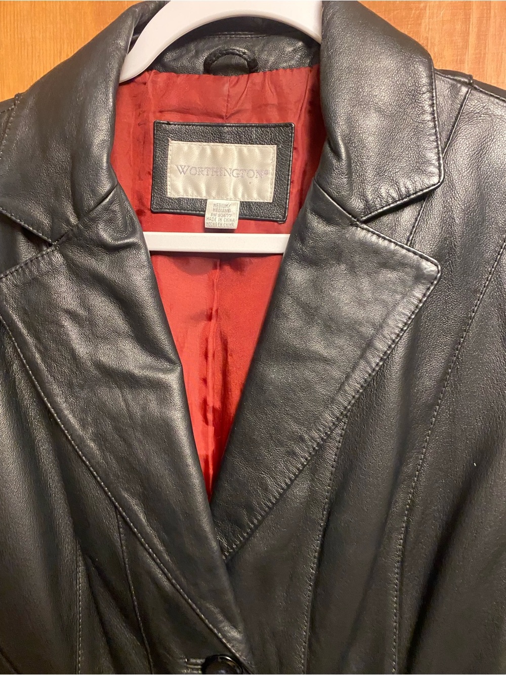Worthington Black Leather coat with Red Lining